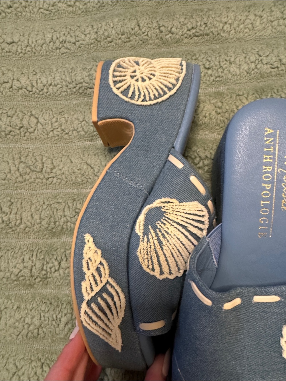 NWOT Anthropologie Blue Canvas Embroidered Shell Mule Slides/heels - Picture 6 of 11
